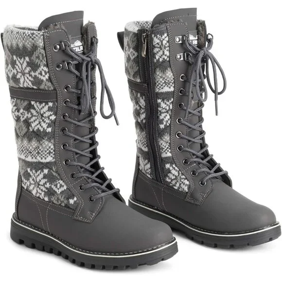 〽️Women's Gray Polar Faux Fur Waterproof Winter Snow Calf Outdoor Walking Boots